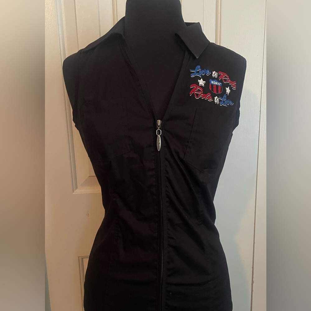 Harley Davidson Shirt Women’s Small Zip Sleeveless Crystals Black Embellished